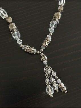 Crystal and Silver Beaded Tassel Necklace
